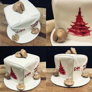 Custom novelty cake shaped like a Chinese takeout box with fondant fortune cookies, Mia's Brooklyn Bakery NYC