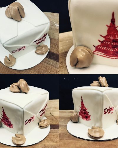 Custom novelty cake shaped like a Chinese takeout box with fondant fortune cookies, Mia's Brooklyn Bakery NYC