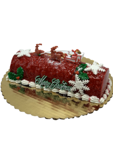 Raspberry brulee Buche de Noel Yule log cake with Santa and snowflake decorations, Mia's Brooklyn Bakery NYC