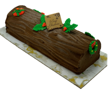 Chestnut and black currant Buche de Noel Yule log cake with holly and Christmas wreath decorations, Mia's Brooklyn Bakery NYC