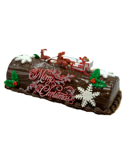 savor the classic flavor of chocolate buche de noel at Mia's Bakery.