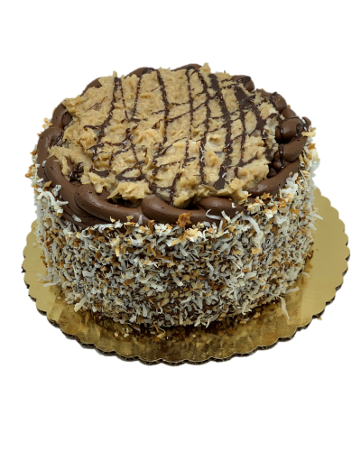 savor the classic flavor of a traditional german chocolate cake at Mia's Bakery.