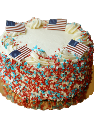 4th of July red white and blue cheesecake with patriotic sprinkles and American flags, Mia's Brooklyn Bakery NYC