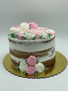 Happy Mother's Day vanilla naked cake with pink and white buttercream rosettes, Mia's Brooklyn Bakery NYC