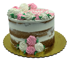 Happy Mother's Day vanilla naked cake with pink and white rosettes, same-day delivery NYC