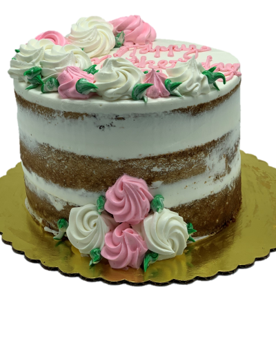 Happy Mother's Day vanilla naked cake with pink and white rosettes, same-day delivery NYC