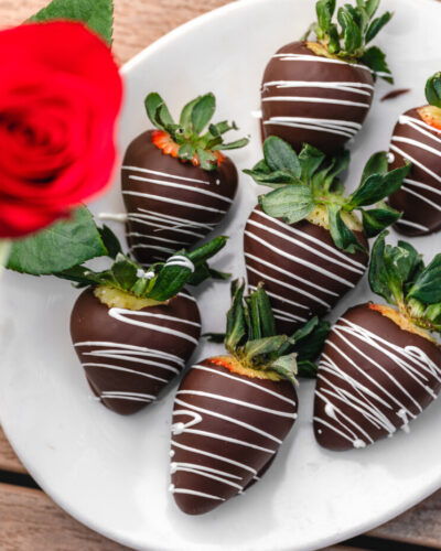 savor the classic flavor of traditional chocolate covered strawberries at Mia's Bakery.