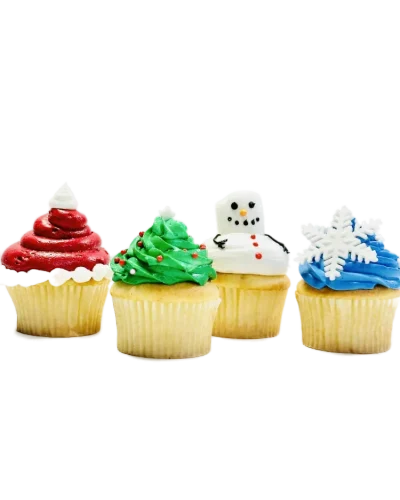 Christmas cupcakes with Santa hat, Christmas tree, snowman, and snowflake frosting, Mia's Brooklyn Bakery NYC