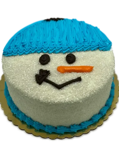 Snowman face cake with blue frosting and carrot nose decoration, Mia's Brooklyn Bakery NYC