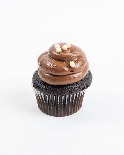 Chocolate cupcake with chocolate frosting and white pearl sprinkles, Mia's Brooklyn Bakery NYC