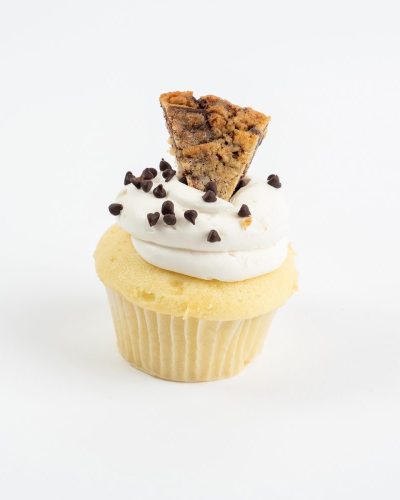 Cookie dough cupcake with vanilla frosting, chocolate chips, and cookie dough topping, from pick your own 6 pack cupcakes, Mia's Brooklyn Bakery NYC