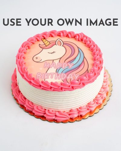 Custom pink unicorn birthday cake with edible image, same-day delivery in NYC