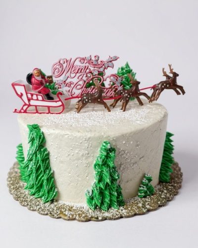 Festive Christmas cake featuring Santa sleigh and reindeer topper with winter tree decorations and white buttercream frosting.